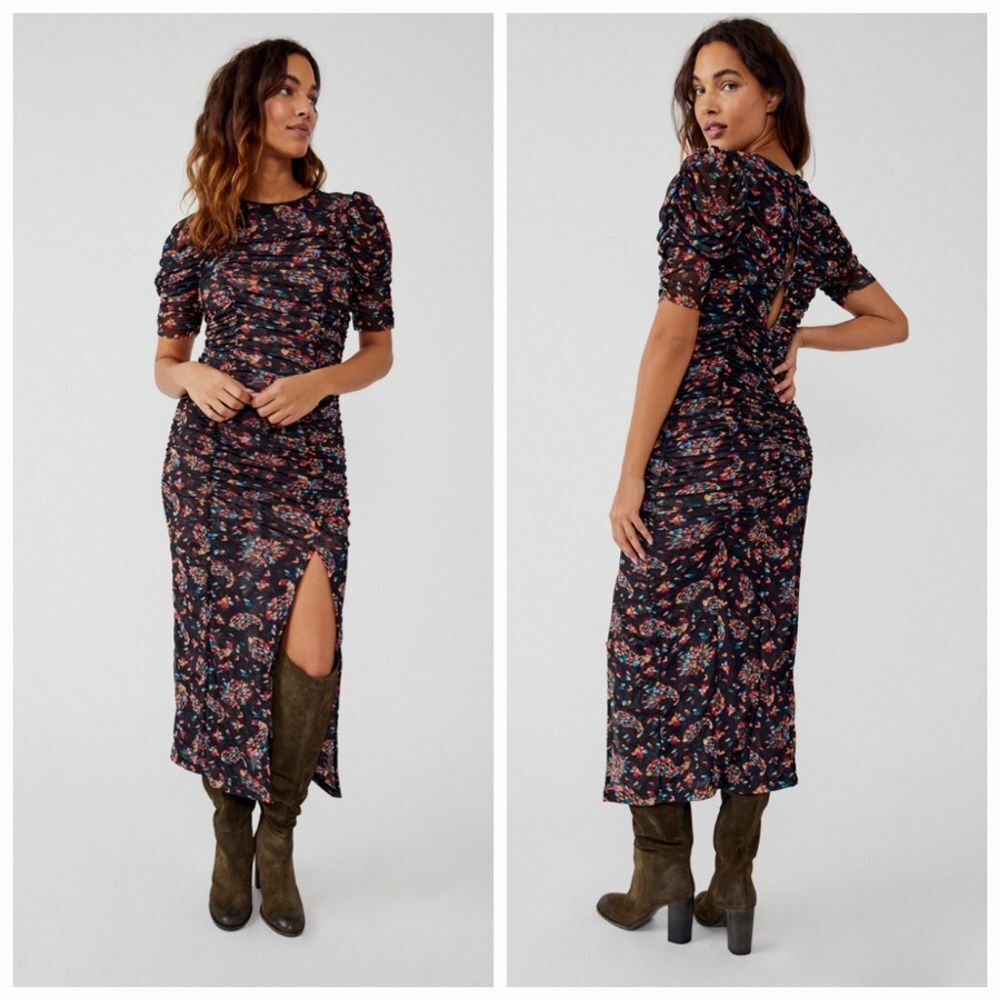 NWT Free People Briella Mesh Ruched Puff Sleeve Midi Dress in Black Floral XS